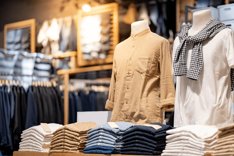 A mannequin is pictured in a clothing store wearing a beige longsleeve button-up shirt next to stacks of fashionable clothing